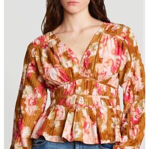 Sam Edelman V-Neck Evie Blouse Long Sleeve Flower Print In Brown Stretch XS